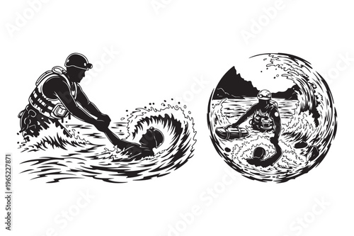 Lifeguard saving person from waves and earth