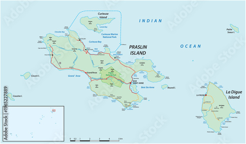 Road map of the Sechelles islands of Praslin and La Digue
