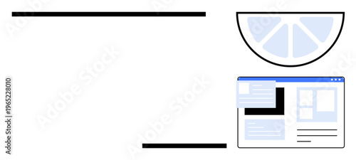 Web design, creative layouts, modern interfaces, abstract graphics, branding elements, digital marketing. A webpage layout paired with a minimalistic lemon wedge motif. Web design and creative