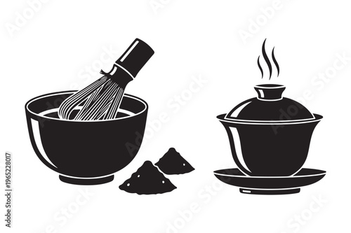 Black and white illustration of matcha tea preparation with culinary art