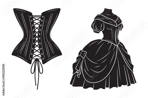Black and white illustration of corset and victorian ball gown with historical f