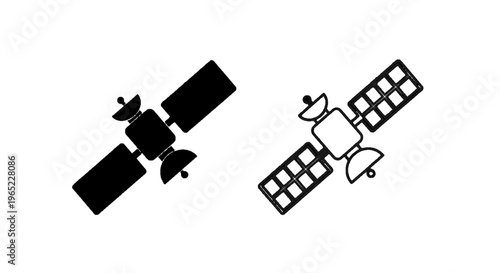 Vector illustration of set of two satellite icons, solid and outline style on a transparent background