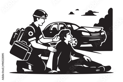 Black silhouette of paramedic helping injured person after accident