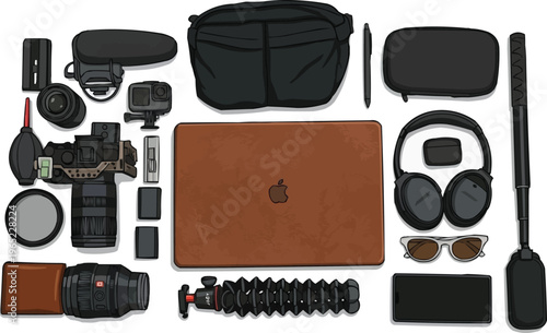 Content Creator and Photography Gear Flat Lay Vector Set