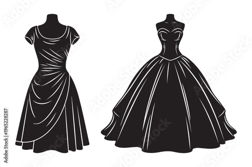 Two mannequins displaying vintage formal gowns with evening wear with ball gown