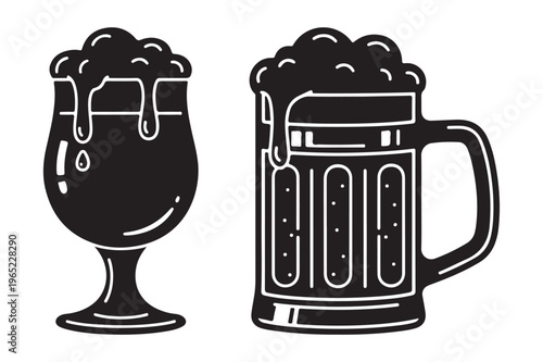 Beer mug and tulip glass overflowing with foam with black and white