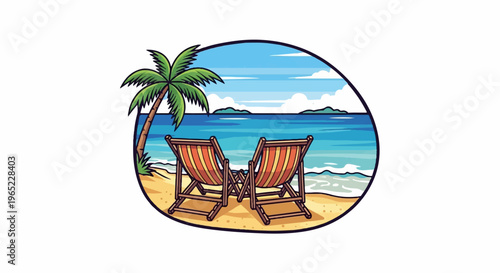 Pixel art tropical beach scene with two empty lounge chairs