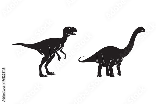 Dinosaur silhouettes vector illustration: raptor and sauropod
