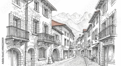 Detailed Pen and Ink Illustration of a Charming European Street Scene