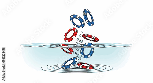 Red and blue casino chips fall into water, creating ripples