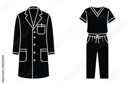 Black silhouette of doctor lab coat and scrubs set icon with white background
