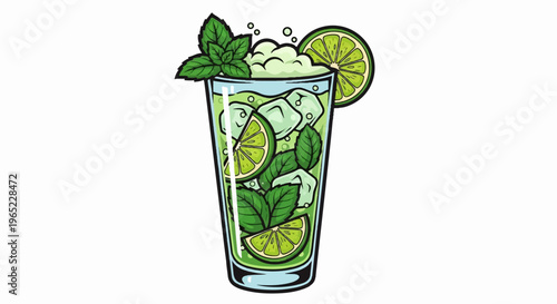 Refreshing tall glass filled with ice, lime, and mint, topped with foam