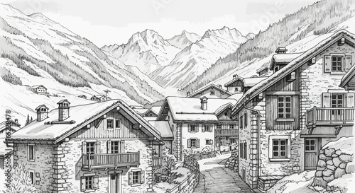 Detailed Black and White Sketch of Alpine Village Houses in Winter