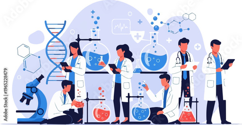 Scientists working in laboratory with DNA, microscope, test tubes and beakers