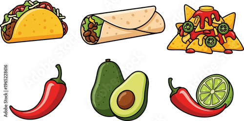 A colorful assortment of Mexican-inspired food items, including a taco, burrito, nachos, and peppers
