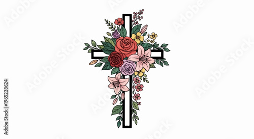 A black cross adorned with a vibrant bouquet of assorted flowers and greenery