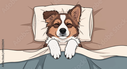 A content dog sleeps soundly tucked into bed under a blanket and pillow