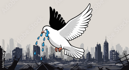 A crying dove flies over a war-torn city skyline