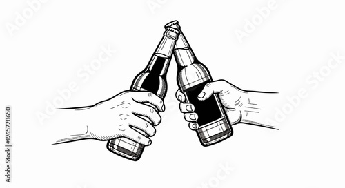 Two hands holding beer bottles, toasting in a celebratory gesture