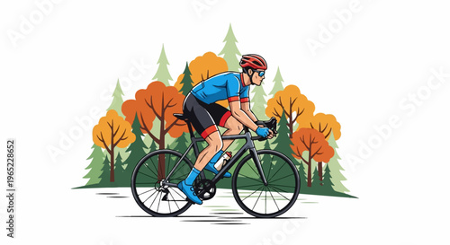 A cyclist rides through an autumnal forest with colorful trees