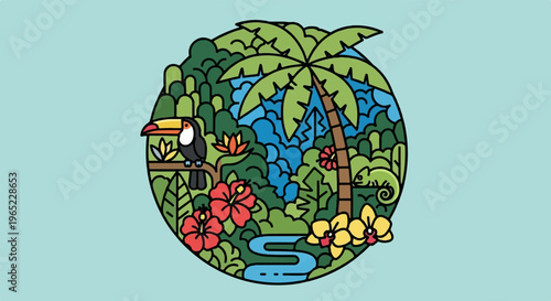 Tropical jungle scene with toucan, chameleon, lush foliage, and river