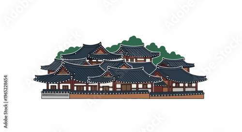 A cluster of traditional Korean houses with tiled roofs against green foliage