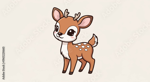 A cute, cartoon fawn with brown fur, white spots, and large eyes on a light background
