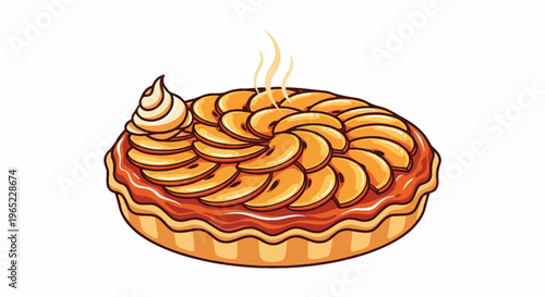 A delicious, steaming, apple pie topped with swirls of whipped cream and glaze