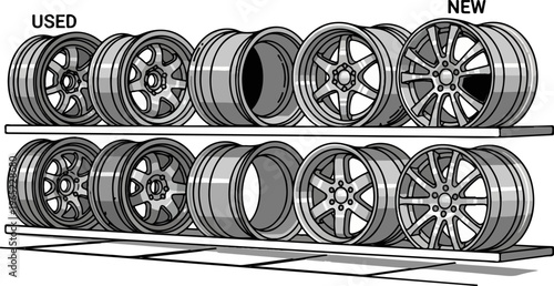 A display comparing new and used car wheel rims on two shelves