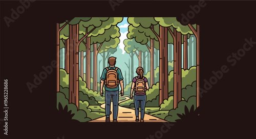 Two people with backpacks walk on a winding path through a lush forest