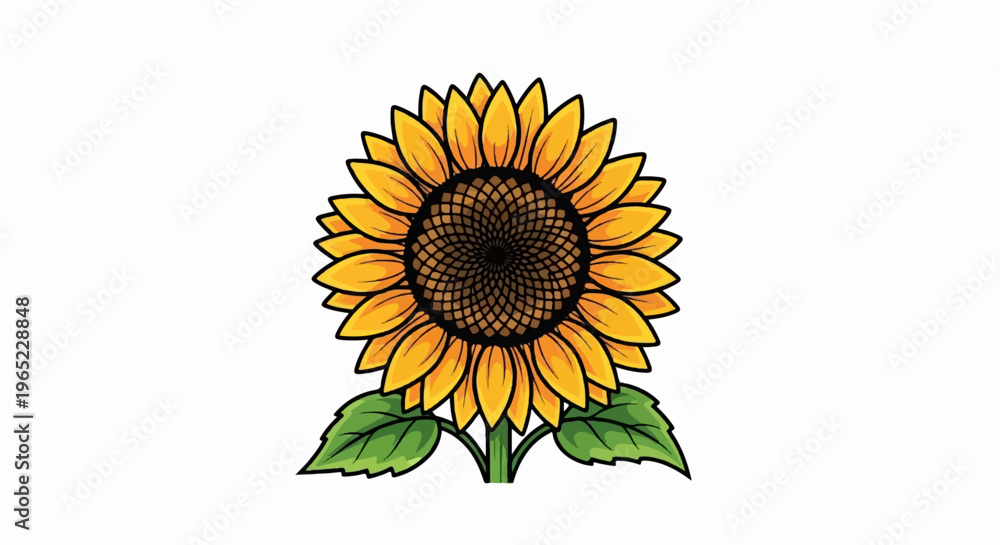 Fototapeta premium Vibrant sunflower with yellow petals, dark center, and green leaves on white