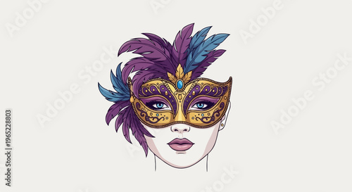 Woman wearing a decorative gold and purple feathered masquerade mask