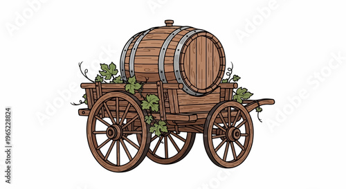 Wooden barrel on a vintage cart adorned with grape vines