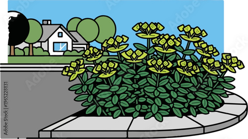 A residential scene with a house, trees, and flowering plants in a garden