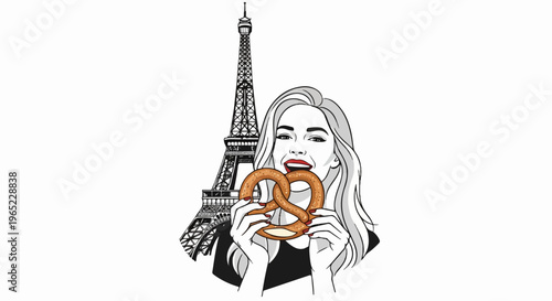 Woman eating pretzel with Eiffel Tower in background