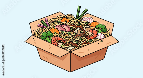 A full takeout box overflowing with delicious noodle dish ingredients