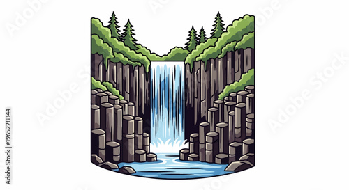 A pixelated waterfall cascades down columnar basalt cliffs amid greenery