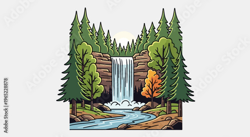 Vibrant forest scene with a cascading waterfall and winding river