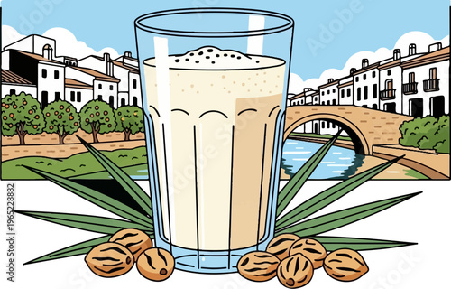 A refreshing glass of almond milk with nuts and greenery in a scenic European town