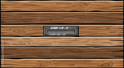A textured wooden surface with a metal mail slot in the center