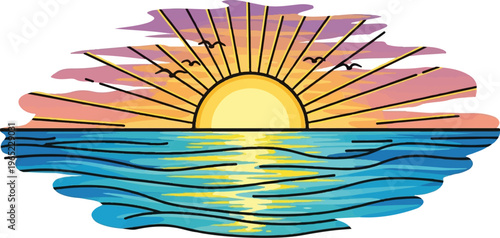 Stylized sunburst over colorful rippling water with silhouetted birds flying