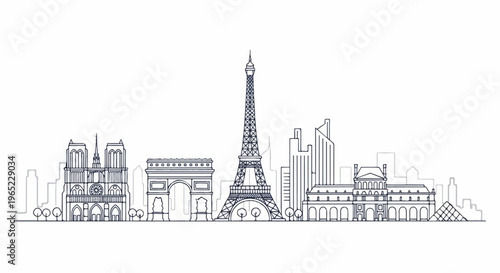 Stylized skyline illustration featuring iconic Parisian landmarks in a minimalist outline style