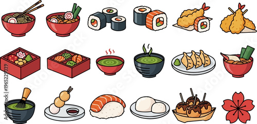 A colorful assortment of Japanese dishes and a cherry blossom