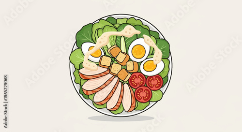 A colorful cartoon-style salad with chicken, eggs, croutons, and tomatoes