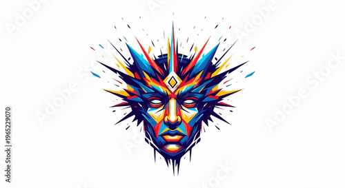 A vibrant, abstract geometric human face bursts with color