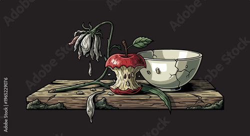 A decaying apple, wilting flower, and cracked bowl on a shelf