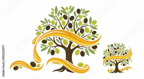 Stylized olive tree with flowing golden oil and olives on white