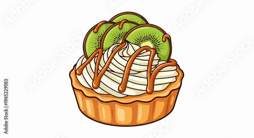 A delicious pastry tart topped with whipped cream, caramel drizzle, and kiwi slices