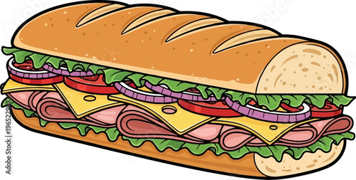 A delicious cartoon-style sandwich with ham, cheese, lettuce, onion, and tomato