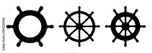 Cruise ship steering wheel icon set with solid black design on white background featuring maritime, navigation, ship with black and white and vector